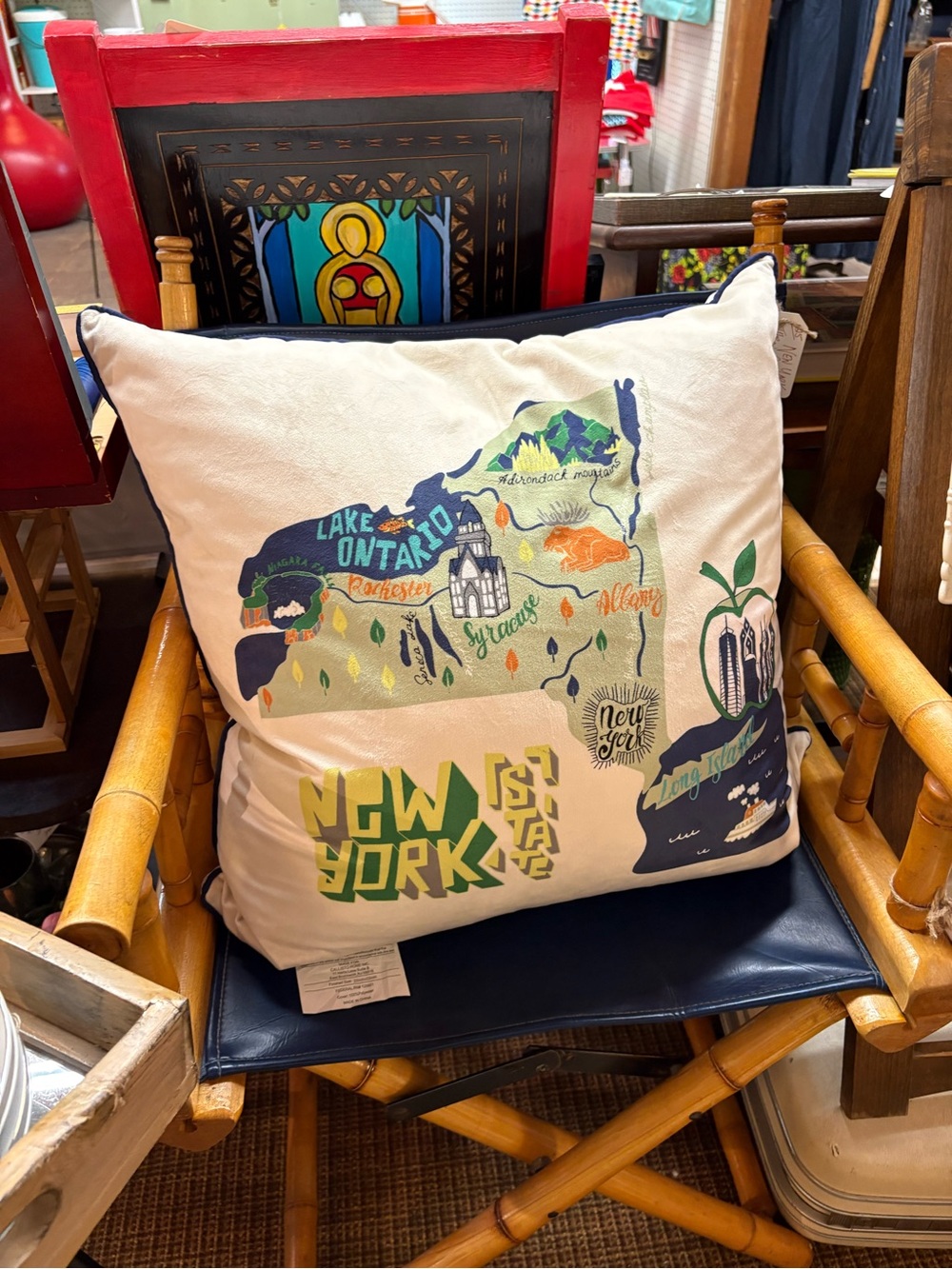 New York State Decorative Throw Pillow - Super Soft Cream & Blue Map Design
